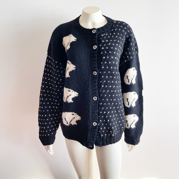 Nomadic Traders Black White Bear Wool Button Down Sweater Made in Peru Medium - Picture 4 of 9